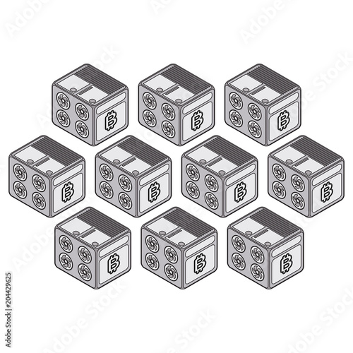 Isometric cryptocurrency mining farm concept. Creation of bitcoi