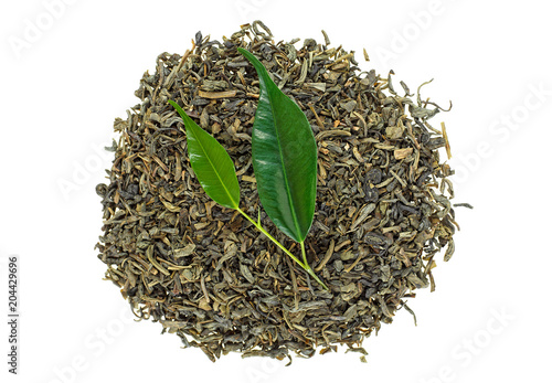 Dry green tea with fresh leaves on white background, top view.