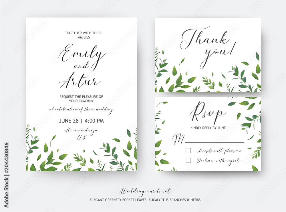Wedding invite, invitation, RSVP, thank you cards vector art design. Watercolor style green leaves, eucalyptus tree branches, forest herbs, plants. Elegant, greenery, rustic, natural minimalist suite Wedding invite, invitation, RSVP, thank you cards vector art design. Watercolor style green leaves, eucalyptus tree branches, forest herbs, plants. Elegant, greenery, rustic, natural minimalist suite