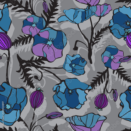BLUE POPPY FLOWER SEAMLESS VECTOR PATTERN. ABSTRACT BLOOMING TEXTURE. MOSAIC ART