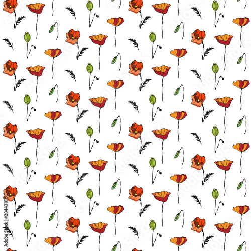 RED POPPY FLOWER SEAMLESS VECTOR PATTERN. ABSTRACT BLOOMING TEXTURE. MOSAIC ART