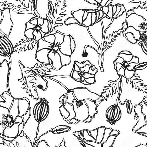 MONOCHROME POPPY FLOWER SEAMLESS VECTOR PATTERN. ABSTRACT BLOOMING TEXTURE. MOSAIC ART