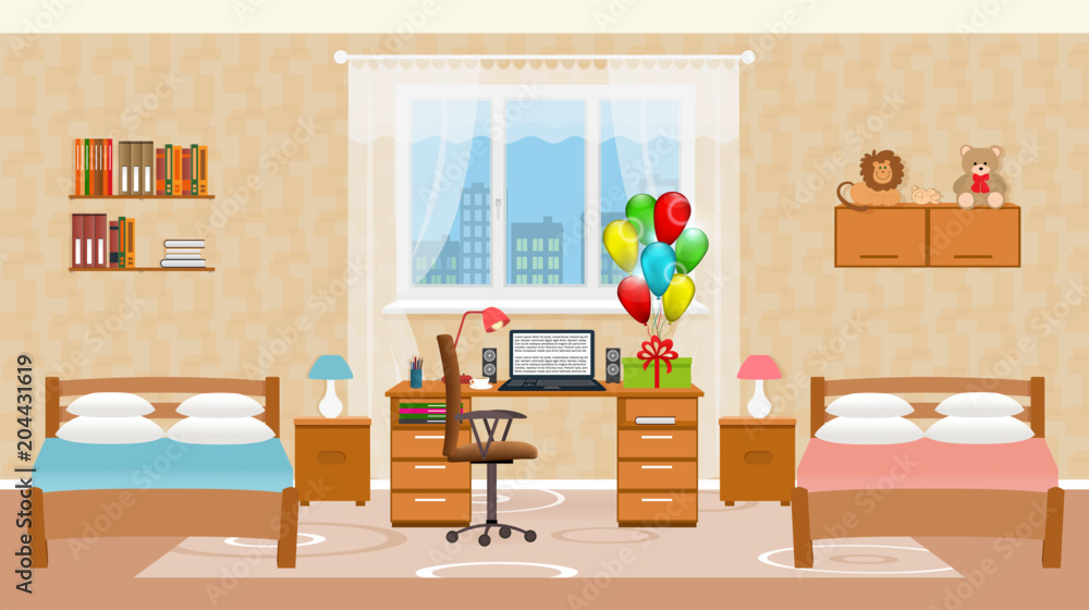 Children bedroom interior with two beds, holiday balloons, toys, table with desktop computer and window. Children bedroom interior with two beds, holiday balloons, toys, table with desktop computer and window.