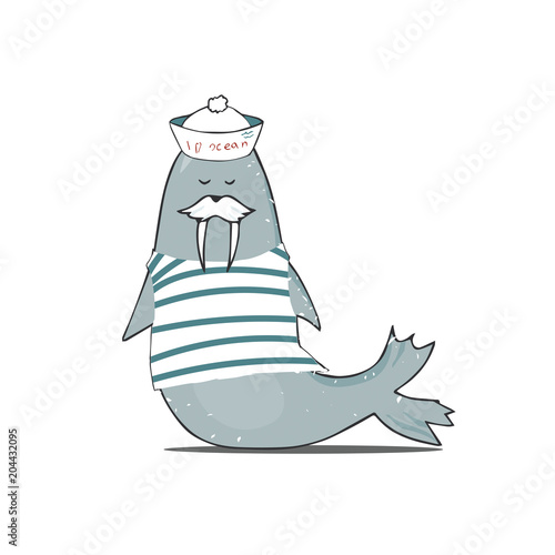 mustachioed walrus in vest and cap vector walrus illustration character color texture shabby style blue sea ocean life face animal zoo smile mustache funny drawing geometric print on white background