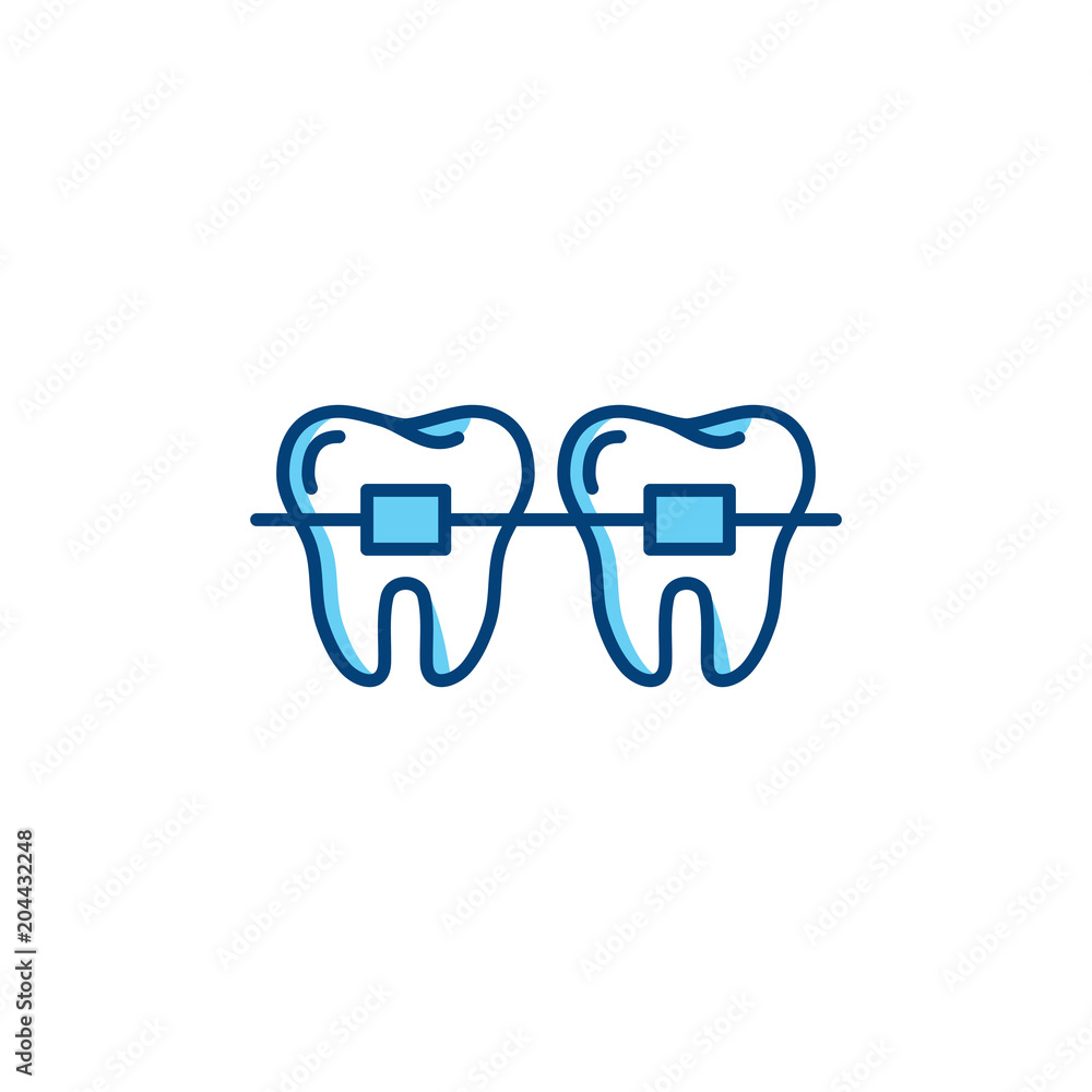 Dental braces icon, orthodontic teeth line icons. Vector flat