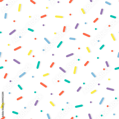 Seamless pattern with colorful confetti sprinkles. Minimal line shape and dots. Geometric scrapbook design.  Donut glaze background..