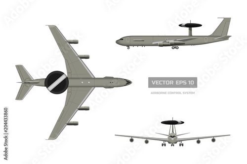 3d image of military aircraft. Top, front and side jet view. Army airplane with airborne warning and control system.  Industrial isolated drawing
