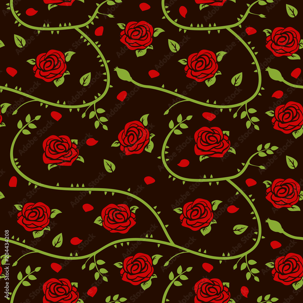  Seamless vector pattern with red roses, stems, petals and green leaves.