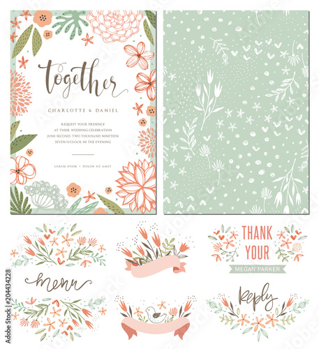 Rustic hand drawn wedding invitation with seamless background and floral design elements. Vector illustration.