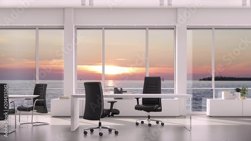 View from window in business office on evening sunset on sea water. Background plate, chroma key video background.