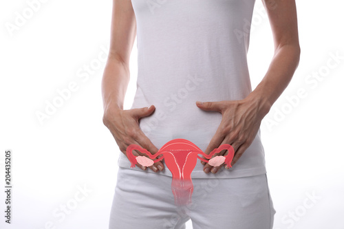 Gynecology , female health and anatomy concept. Woman's body with uterus illustartion, isolate on white background