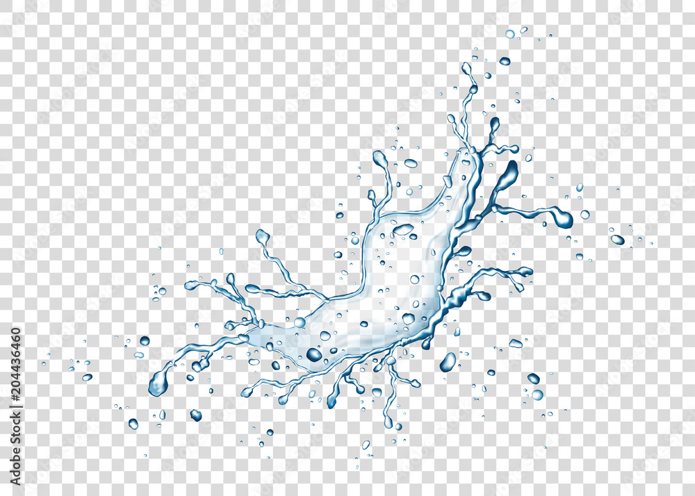 Realistic blue water splash and drops  on transparent background. - obrazy, fototapety, plakaty 