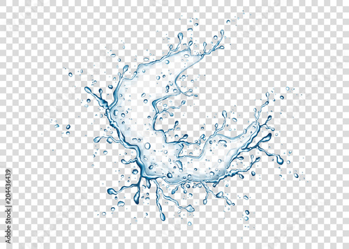 Blue water splash and drops  on transparent background.