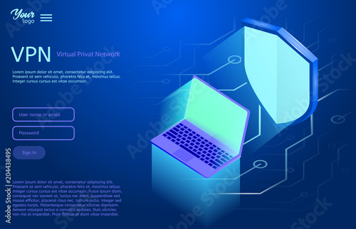 Isometric vector illustration showing the VPN internet security Virtual privat network. Ultraviolet colors.