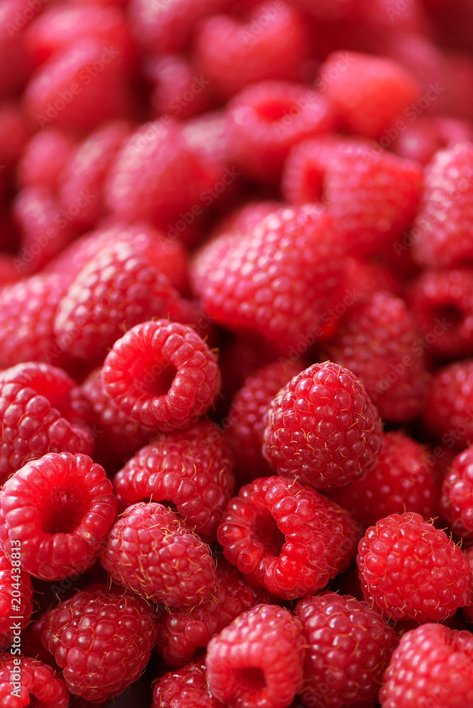 Ripe raspberries macro. Selective focus. Fruit background with copy space. Sunny summer and berries harvest concept. Sunlight effect. Vegan, vegetarian, raw food. Ripe raspberries macro. Selective focus. Fruit background with copy space. Sunny summer and berries harvest concept. Sunlight effect. Vegan, vegetarian, raw food.
