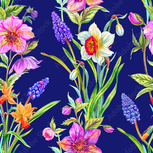 Obraz na płótnie Akwarela wzór na niebieskim tle wiosennych kwiatów: żonkile, ciemiernik, Szafirek.