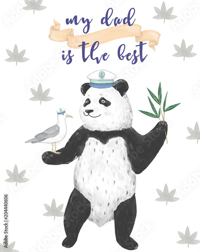 Plakat Najlepszy tata, szczęśliwy dzień ojców, białe tło z niebieskimi chmurami. Szablon karty z pozdrowieniami. Cyfrowy klip panda Panda. Geometryczna karta podarunkowa. Najlepszy ojciec. Kapitan Bear. Dreamer tato. Karta z gotowymi danymi tekstowymi.