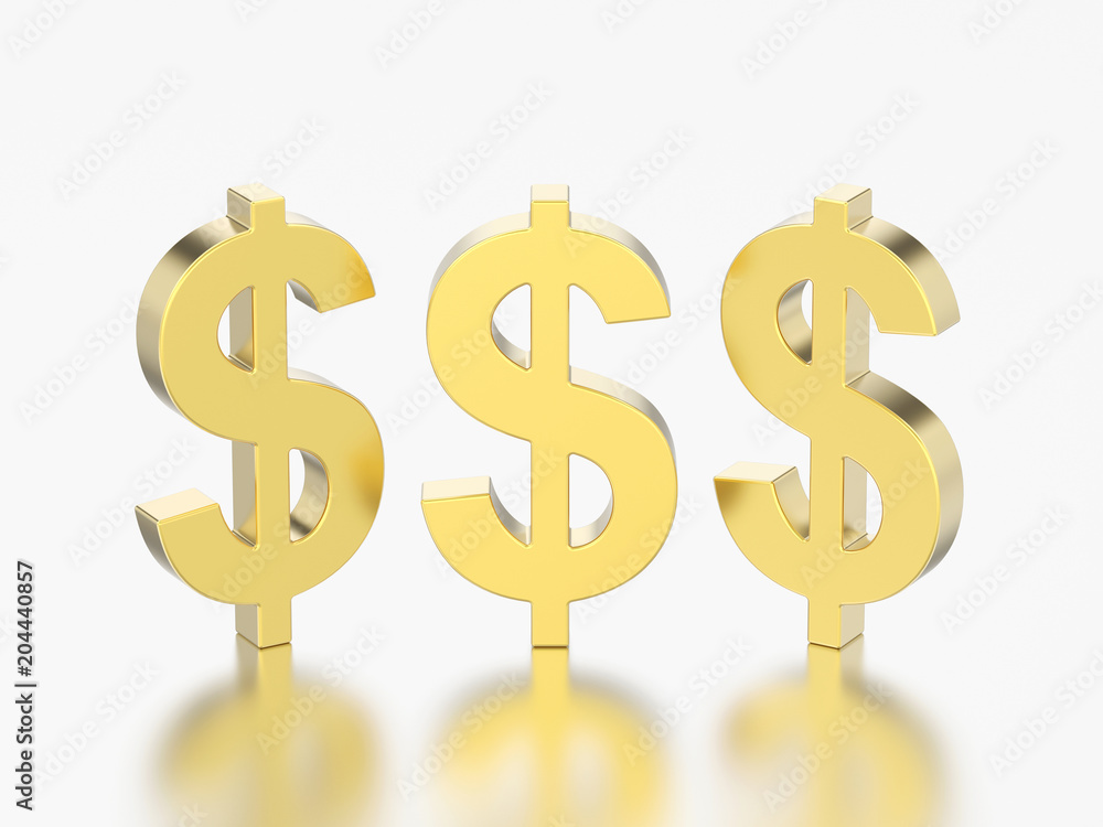 3D illustration different view three gold dollar money 3D illustration different view three gold dollar money