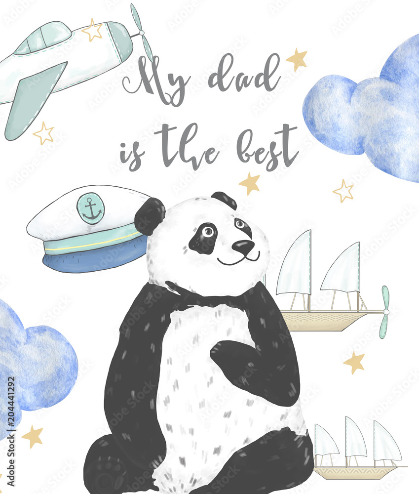 Best Dad Happy Fathers Day White Background With Blue Clouds Greeting Card Template Panda Digital Clip Art Geometric Giftcard Best Father Captain Bear Dreamer Dad Text Data Ready Card Stock Illustration