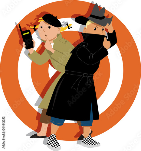 Little kids playing secret agents cartoon characters, EPS 8 vector illustration