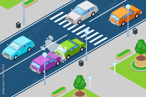 Car crash, vector isometric 3D illustration. Accident in front of crosswalk. Safety traffic, road insurance concept