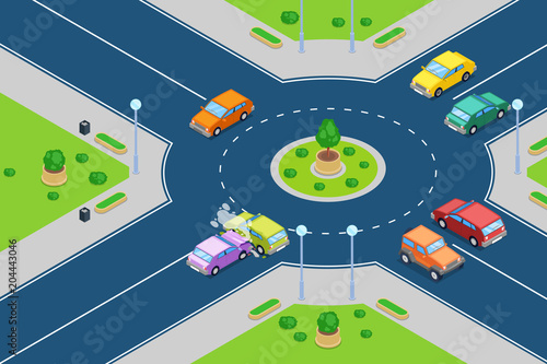 Car crash, vector isometric 3D illustration. Street accident at roundabout junction road.
