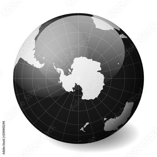 Earth globe with white world map and black seas and oceans focused on Antarctica and South Pole. With thin white meridians and parallels. 3D glossy sphere vector illustration.