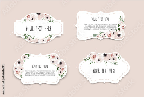 Vector set. Vintage labels with flowers. Frame border with copy space