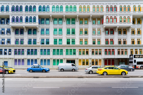 Colorful heritage building windows in Singapore. Neoclassical style building with colorful windows in Singapore.