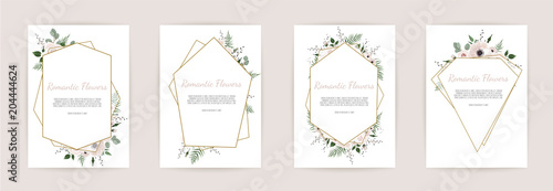 set botanic card with wild flowers, leaves. Floral poster, invite.