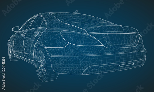 The model sports a premium sedan. Vector illustration in the form of a white polygonal triangular grid on a blue background.