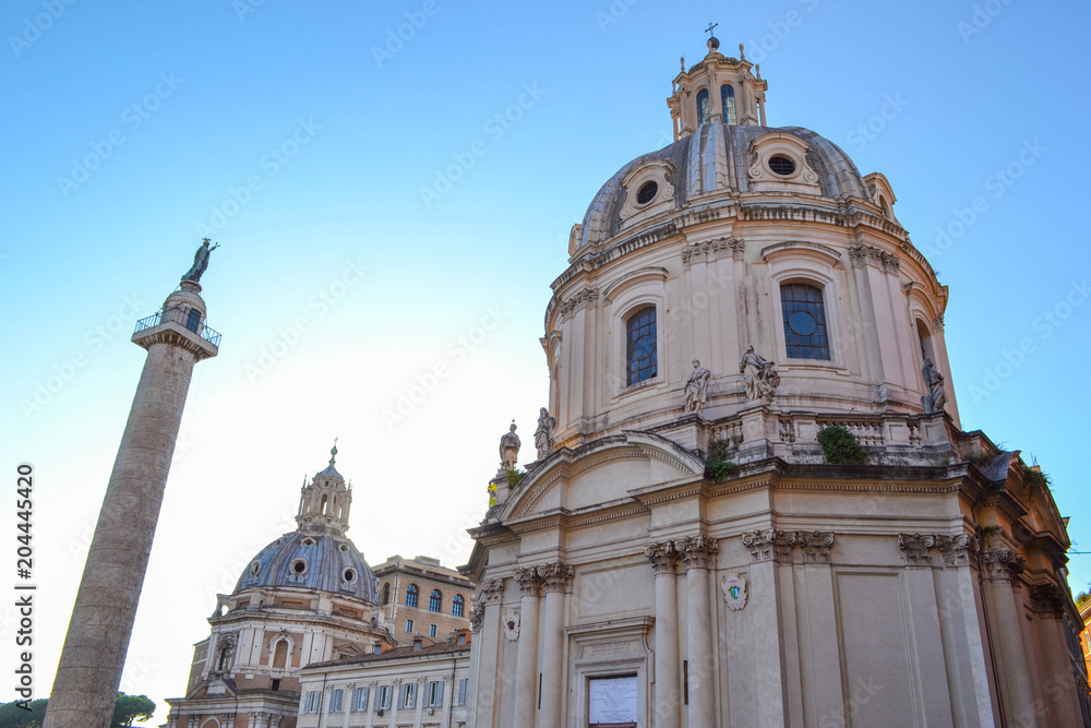 Church of the Most Holy Name of Mary at the Trajan Forum and the Trajan's Column in Rome, Italy. Chiesa del Santissimo Nome di Maria al Foro Traiano. Colonna Traiana