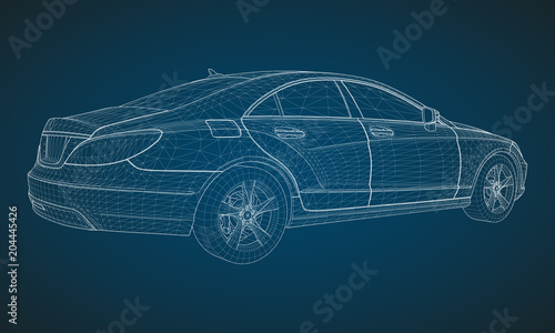 The model sports a premium sedan. Vector illustration in the form of a white polygonal triangular grid on a blue background.