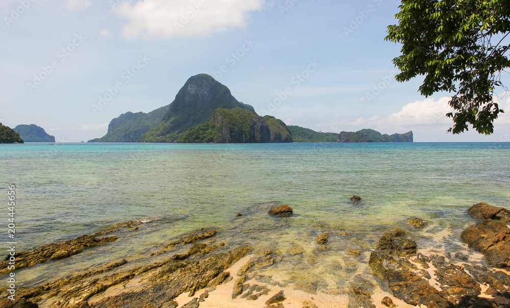 Sea views of Bacuit Bay from El Nido, in Palawan, Philippines. Summer vacation, travel destination concept