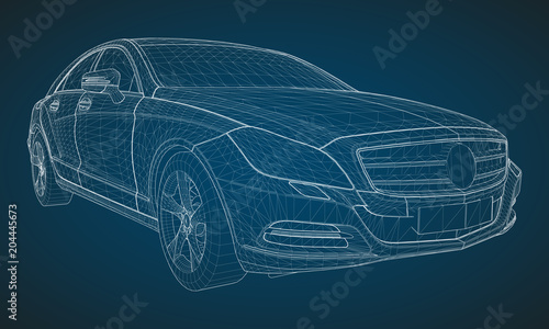 The model sports a premium sedan. Vector illustration in the form of a white polygonal triangular grid on a blue background.