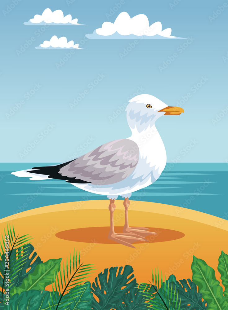 Stork on beachscape cartoon vector illustration graphic design