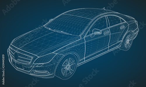 The model sports a premium sedan. Vector illustration in the form of a white polygonal triangular grid on a blue background.