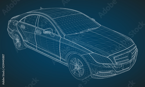 The model sports a premium sedan. Vector illustration in the form of a white polygonal triangular grid on a blue background.