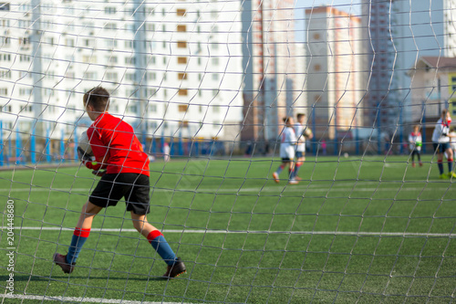 football goalkeeper on the training on the field in the summer. he catches a ball after kicks 