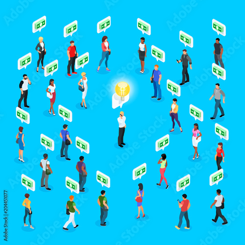 Isometric social concept. Crowdfunding.