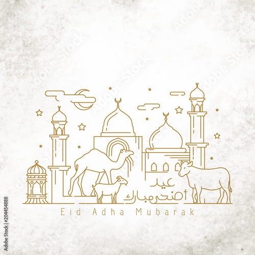 Happy Eid adha mubarak greeting card template monoline illustration cow goat and camel with mosque photo