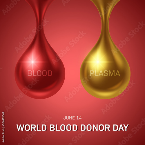 World blood donor day poster. Realistic blood and plasma drops. Vector Illustration