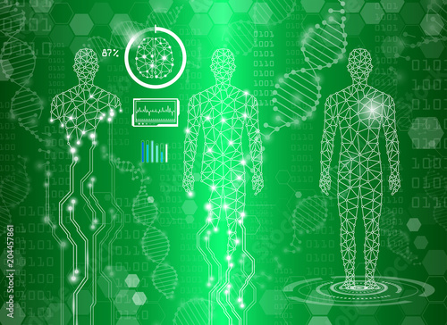 abstract background technology concept in green light,human body heal,technology modern medical science in future and global international medical with tests analysis clone DNA human