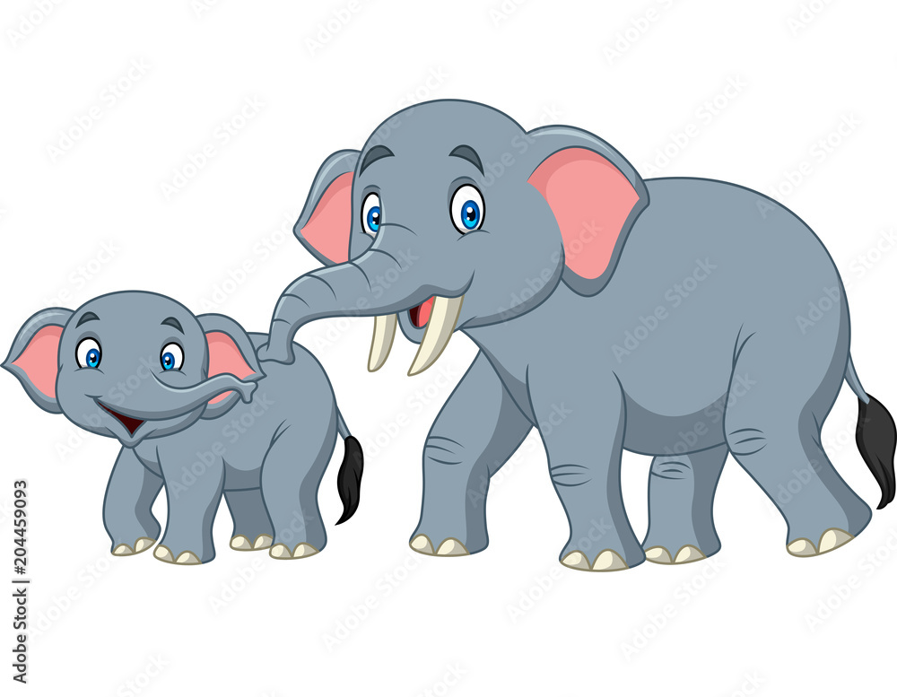 Cartoon happy mother and baby elephant