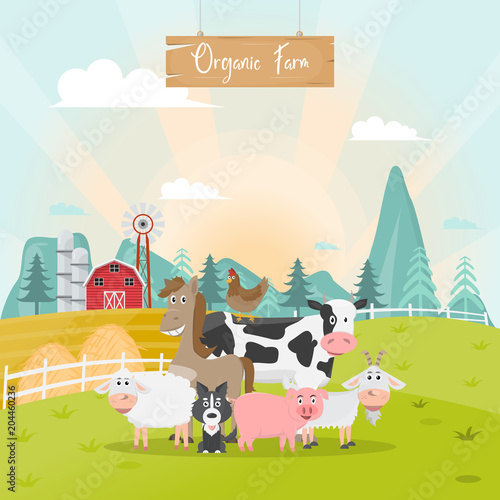cute animals farm cartoon in organic rural farm.