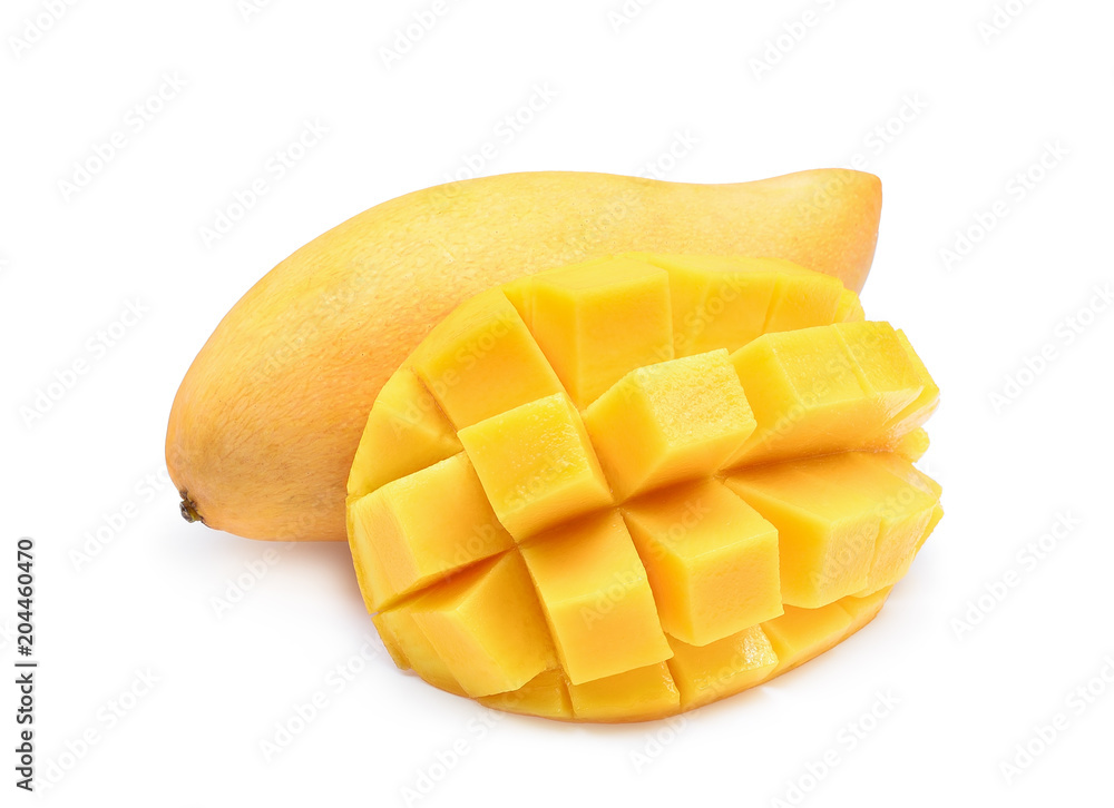 whole of ripe mango with cube isolated on white background whole of ripe mango with cube isolated on white background