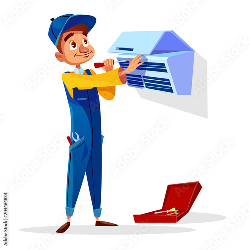 Air conditioner repair vector illustration. Cartoon flat repairman of technician engineer profession from AC air conditioner maintenance service with screwdriver and toolbox