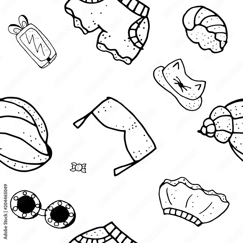 Summer seamless pattern. Endless texture with summer theme. Black and white monochrome. Summer seamless pattern. Endless texture with summer theme. Black and white monochrome.
