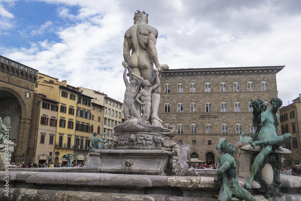 Florence Italy - SEPTEMBER 7, 2016. The Fountain of Neptune in Florence. Back view