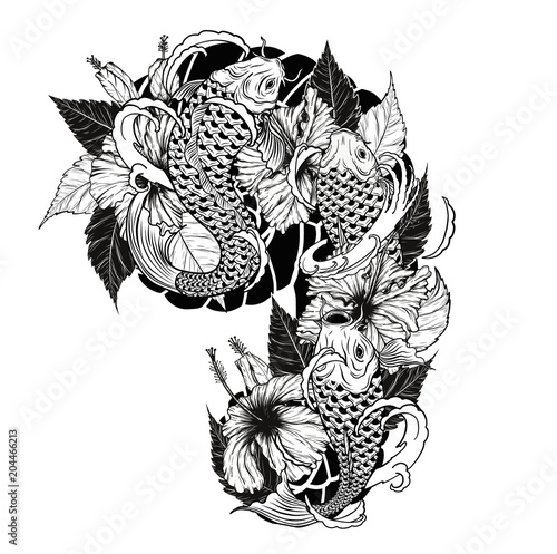 Carp fish and chrysanthemum tattoo by hand drawing.Tattoo art highly detailed in line art style.